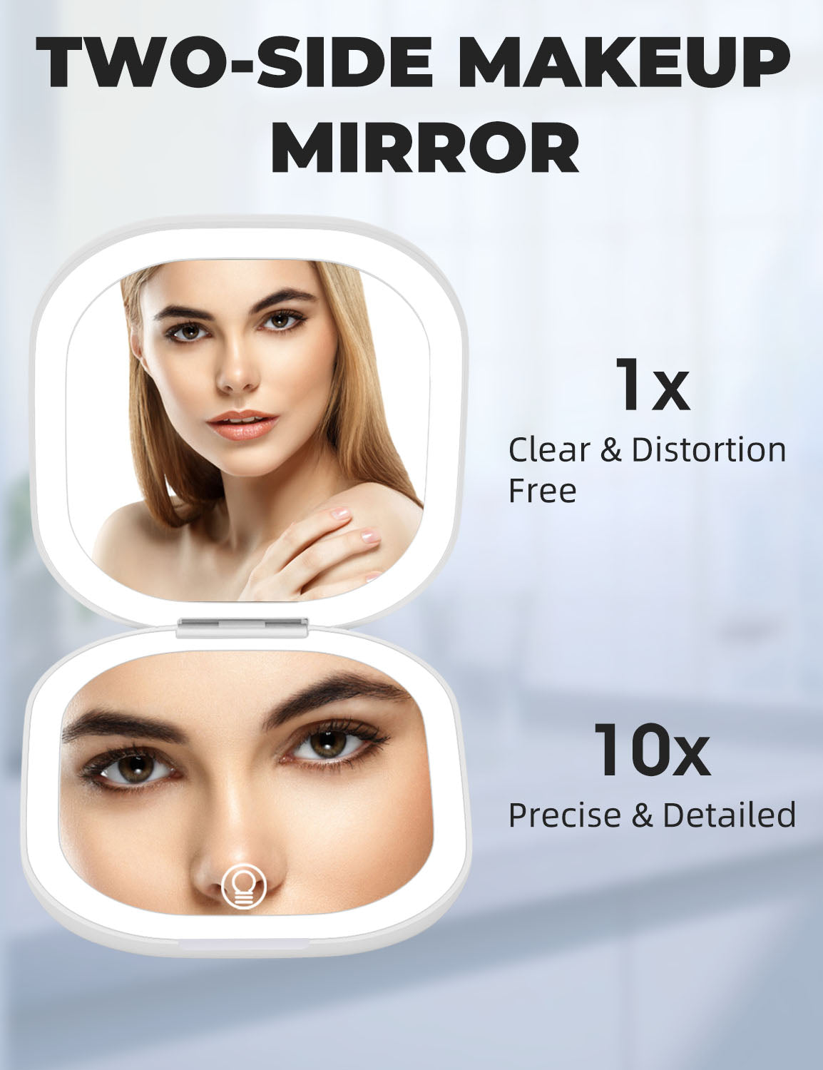 Compact LED Magnifying Travel Makeup-Mirror - 4 inches 1X/10X Magnification Small Hand Pocket Dimmable Double Sided USB Rechargeable Touch Screen, Portable Tabletop Cosmetic (White)