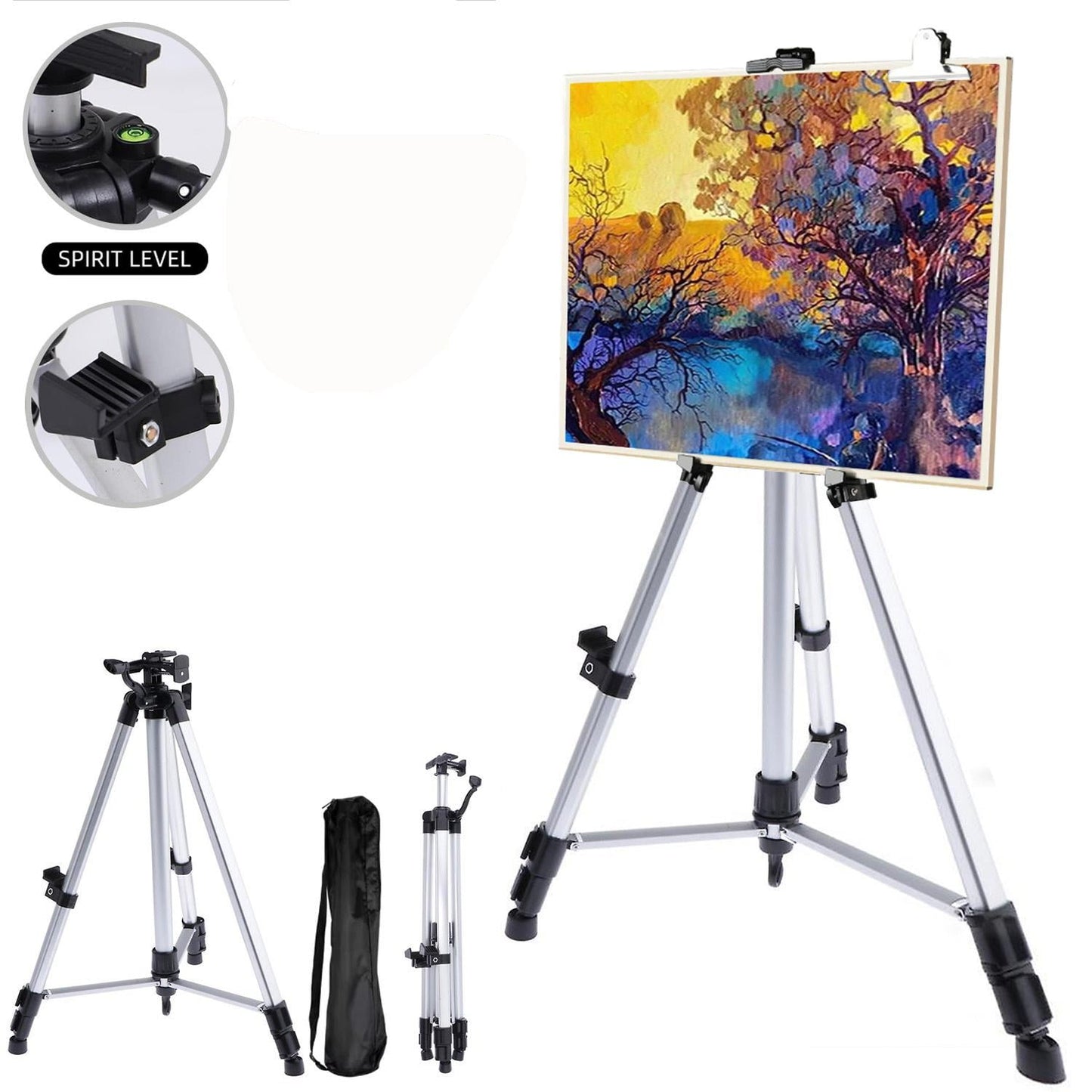 61"-20"Artist Easel Stand, Thick Aviation Aluminum Tripod Display Easel with Portable Bag for Floor/Table-Top Drawing and Displaying, Painting Easel for kids Adult, Spirit Level, Silver