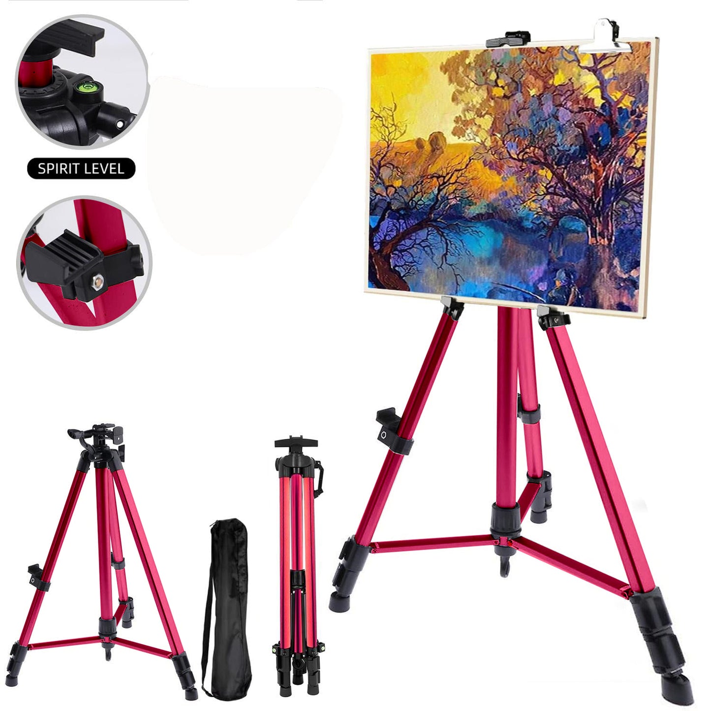 61"-20"Artist Easel Stand, Thick Aviation Aluminum Tripod Display Easel with Portable Bag for Floor/Table-Top Drawing and Displaying, Painting Easel for kids Adult, Spirit Level, Red