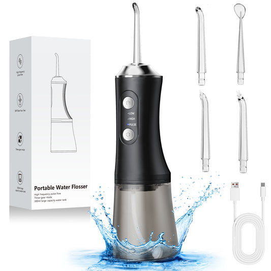 YOOVEE Portable Dental Water Flosser, 300 ml, Wireless Oral Irrigator, Water Flosser 3 Modes and 4 Nozzles, IPX7 Waterproof Irrigator Water Flosser Cleaning Teeth Ideal for Travel&Home Black