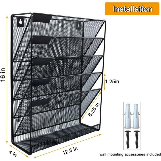 6 Tier Mesh Wall File Organizer,Vertical Mount Hanging Organizer with Flat Tray,Mail Organizer for Papers,Folders,Files Clipboard & Magazine Organization.Great for Office,Home(Black)