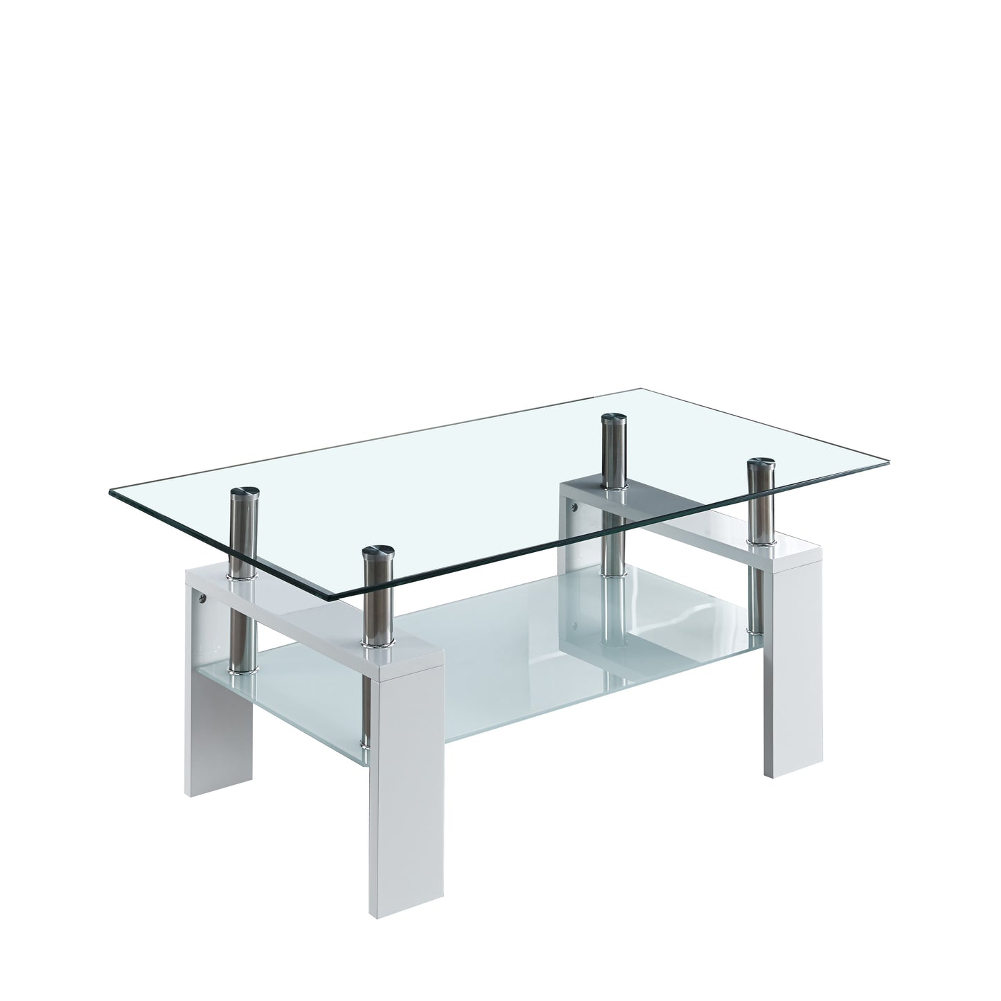 37" Rectangular Coffee Table with Glass Top, Modern | Contemporary Glass Cocktail Table with 0.31" Tempered Glass Tabletop and High Gloss MDF Legs Double-Layer Coffee Table for Living Room, White