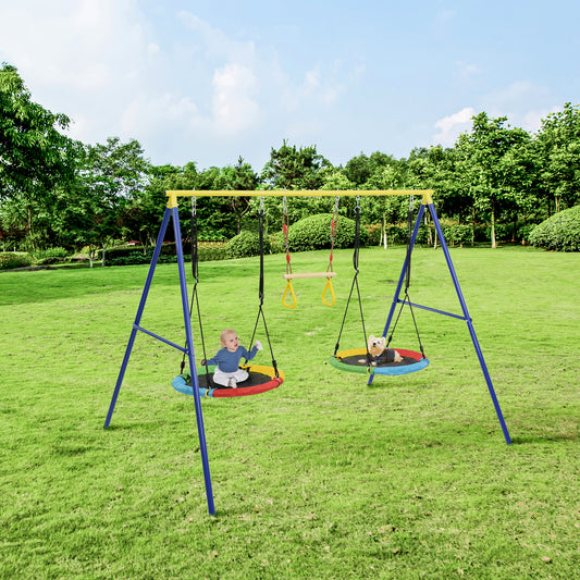 4 in 1 Outdoor Toddler Saucer Swing Set for Backyard, Playground Tree Swing Sets with Steel Frames, Safe Waterproof Round Swing for Backyard Playground Park, Rainbow Color