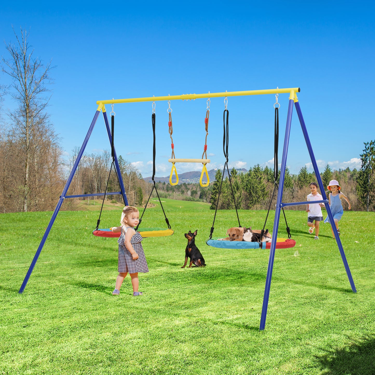 4 in 1 Outdoor Toddler Saucer Swing Set for Backyard, Playground Tree Swing Sets with Steel Frames, Safe Waterproof Round Swing for Backyard Playground Park, Rainbow Color