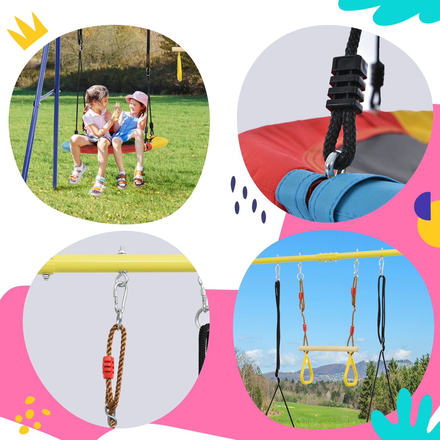 4 in 1 Outdoor Toddler Saucer Swing Set for Backyard, Playground Tree Swing Sets with Steel Frames, Safe Waterproof Round Swing for Backyard Playground Park, Rainbow Color