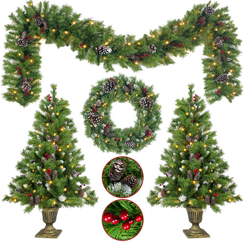 adhino 4pc Christmas Decoration Set, 2 Pre-lit Christmas Trees(4ft), 9ft Garland and 20in Diameter Wreath, Indoor Outdoor Christmas Decoration for Home Party Office, Green