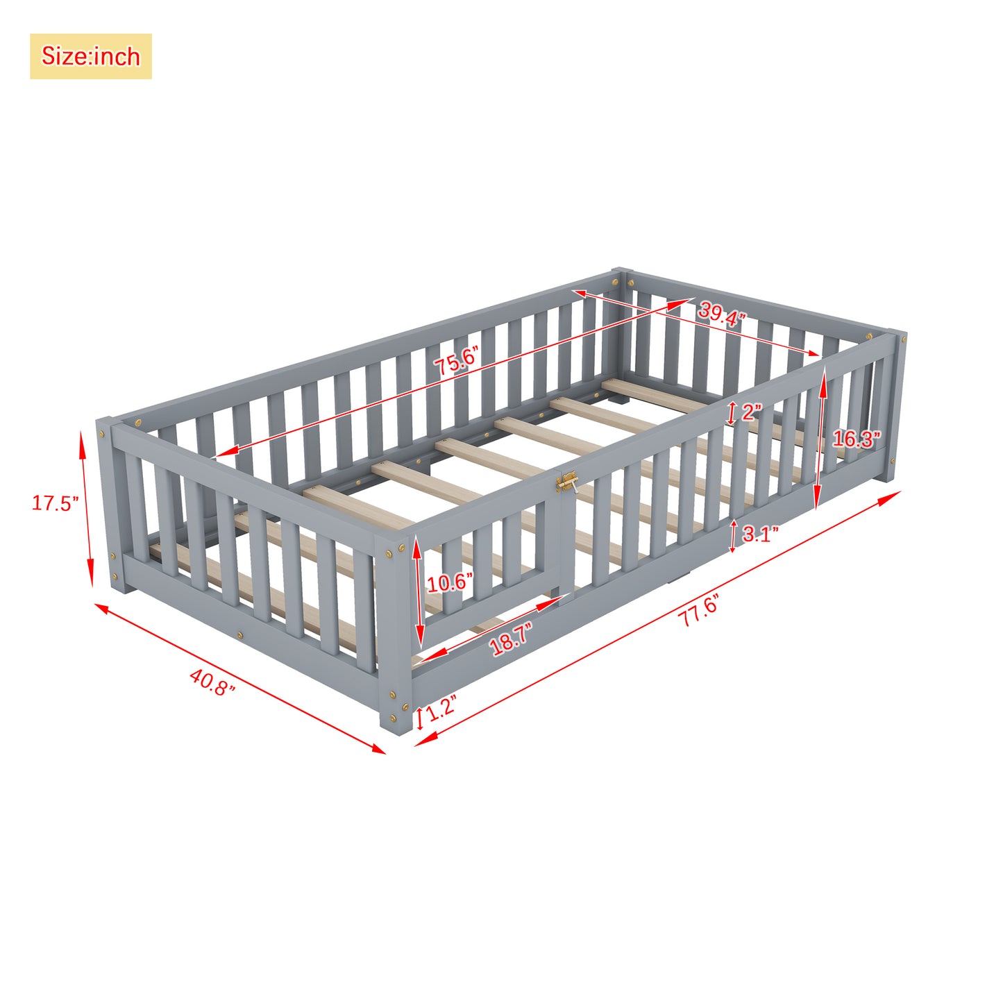 Twin Floor Bed Frame, Floor Bed Frame with Fence and Door, Wood Slats Supports, Low Wood Platform Beds for Kids Girls Boys, No Box Spring Needed, Gray