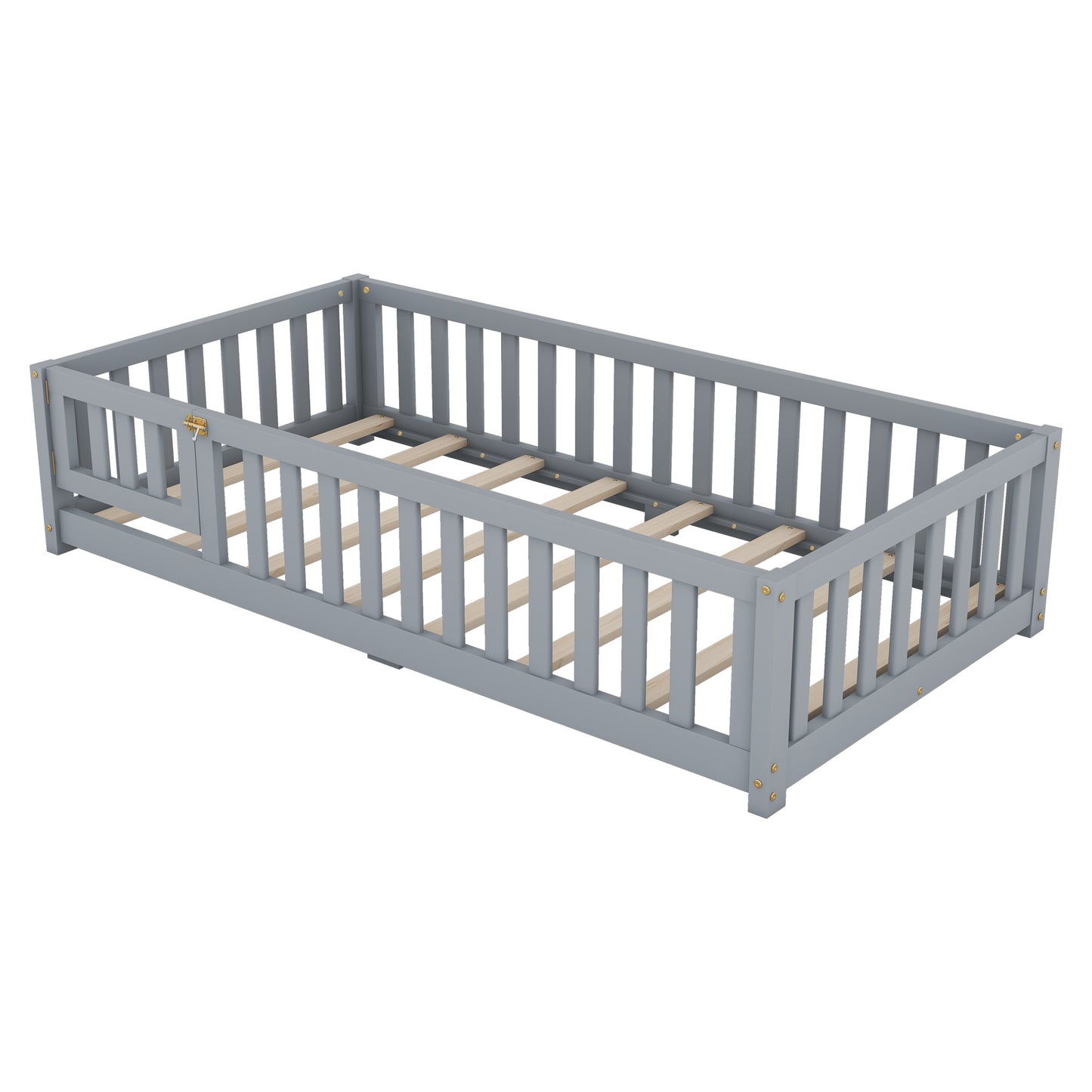 Twin Floor Bed Frame, Floor Bed Frame with Fence and Door, Wood Slats Supports, Low Wood Platform Beds for Kids Girls Boys, No Box Spring Needed, Gray