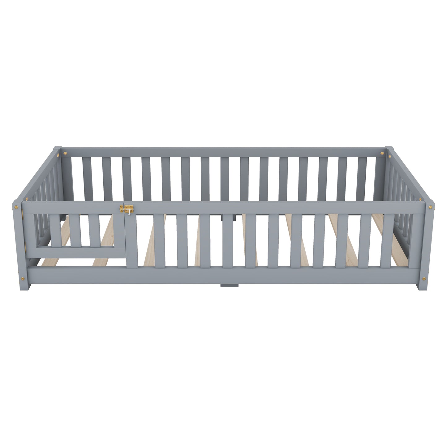 Twin Floor Bed Frame, Floor Bed Frame with Fence and Door, Wood Slats Supports, Low Wood Platform Beds for Kids Girls Boys, No Box Spring Needed, Gray