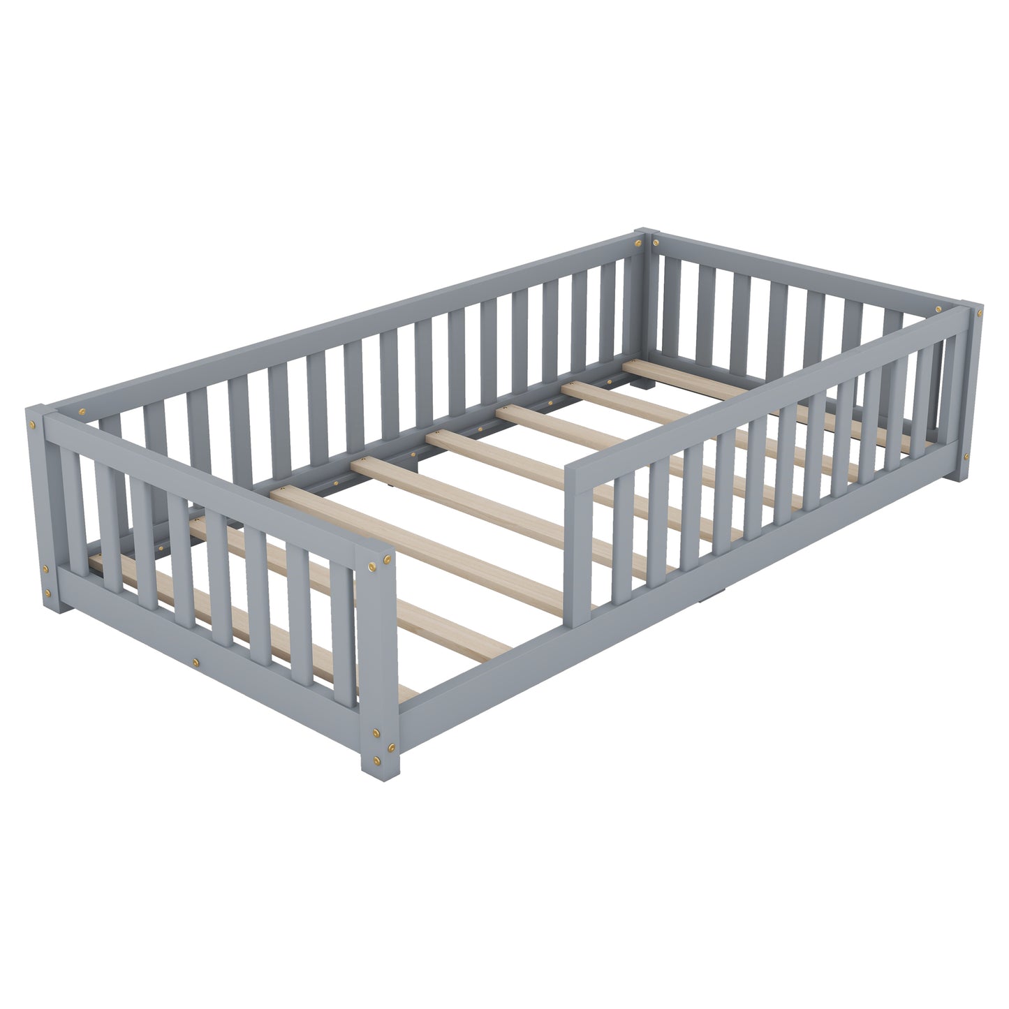 Twin Floor Bed Frame, Floor Bed Frame with Fence and Door, Wood Slats Supports, Low Wood Platform Beds for Kids Girls Boys, No Box Spring Needed, Gray