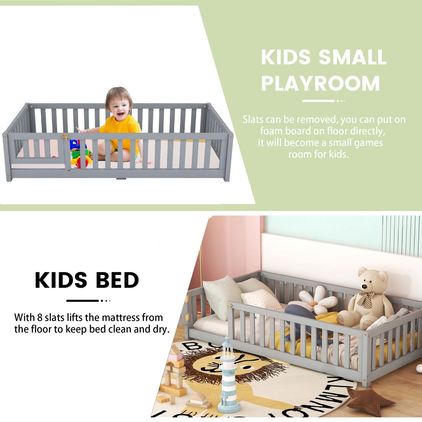 Twin Floor Bed Frame, Floor Bed Frame with Fence and Door, Wood Slats Supports, Low Wood Platform Beds for Kids Girls Boys, No Box Spring Needed, Gray