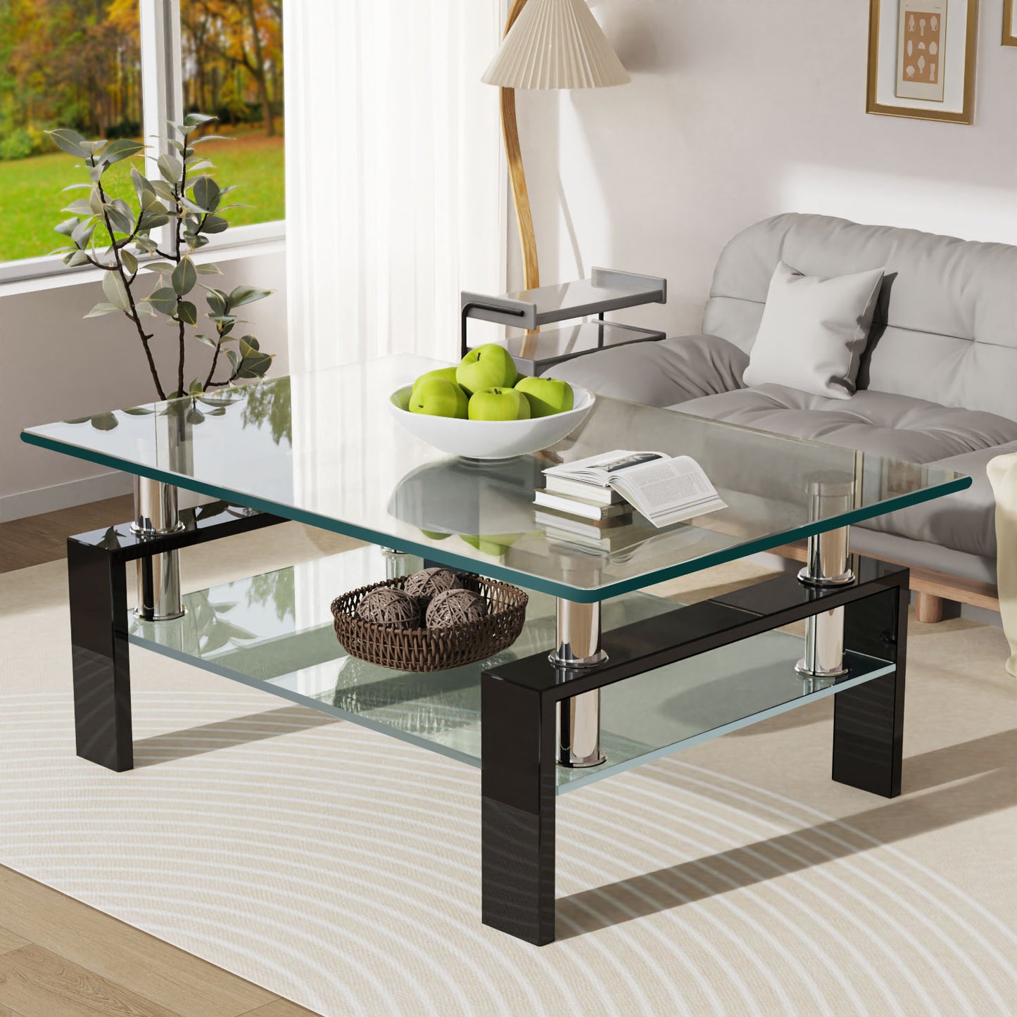 ADHINO Simple Clear Glass Coffee Table, Black Metal Legs, With Lower Shelf, For Home Living Room, Assembled Size 39.37x23.62x23.62 inches, Black