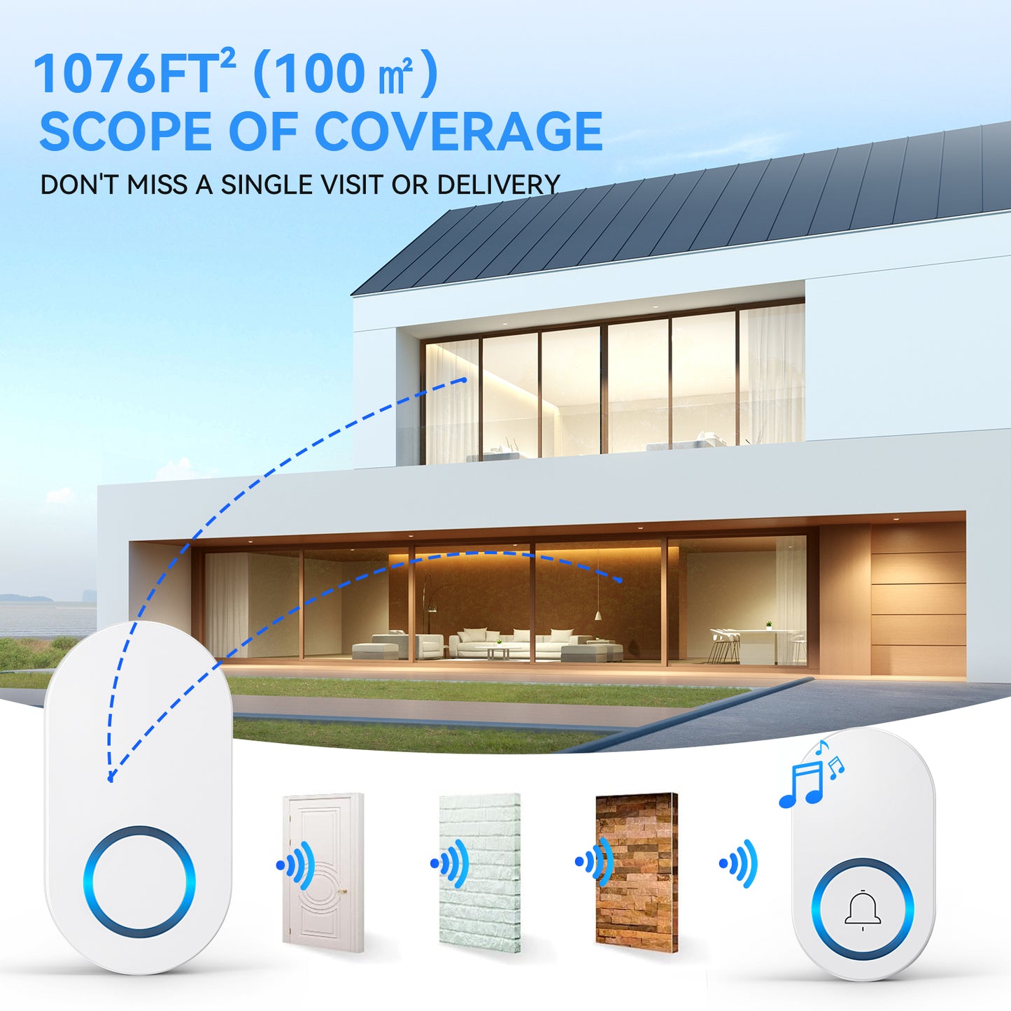 YOOVEE Wireless Doorbell, 2 Plug in Door Bells 1 Push , No Battery Required Push Button Plug Through Cordless Door Chime at 1300ft Range with 60 Chimes, 5-Level Volume & LED Light