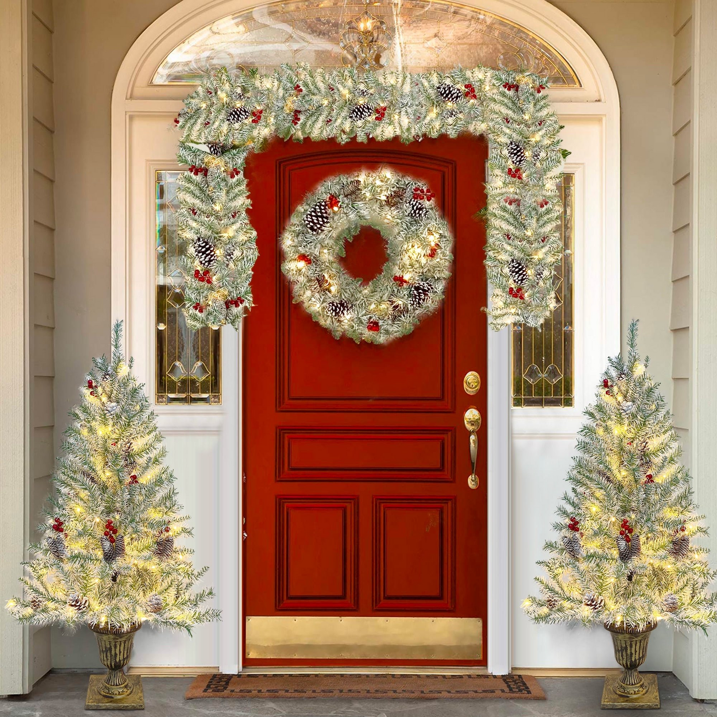 Christmas 4-Piece Set Decorations for Front Door, Pre-lit Xmas Tree Artificial,Garland, Wreath and Set of 2 Entrance Trees X-mas 4FT with LED Lights, Christmas Tree (Retro White)