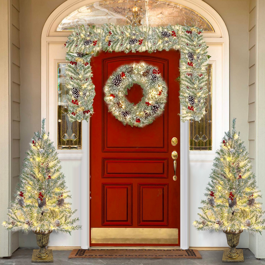 Christmas 4-Piece Set Decorations for Front Door, Pre-lit Xmas Tree Artificial,Garland, Wreath and Set of 2 Entrance Trees X-mas 4FT with LED Lights, Christmas Tree (Retro White)