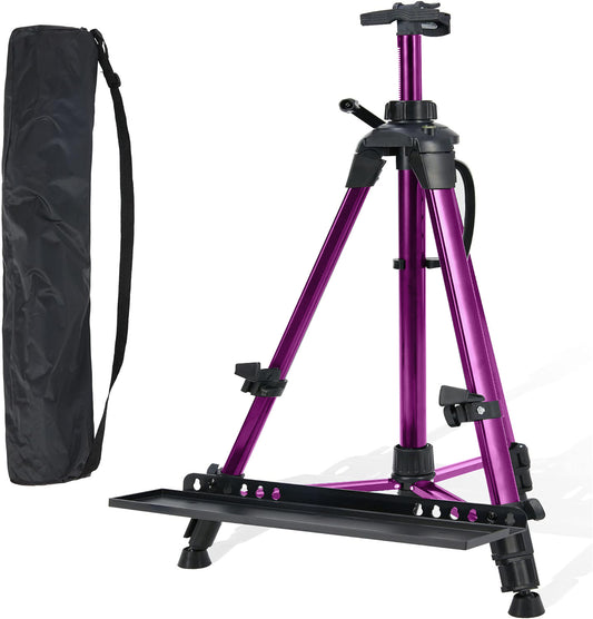 Artist Easel Stand, ADHINO Aluminum Metal Adjustable Easel for Painting Canvases Height from 63 to 30 Inch, Carry Bag for Table-Top/Floor Drawing and Displaying, Purple