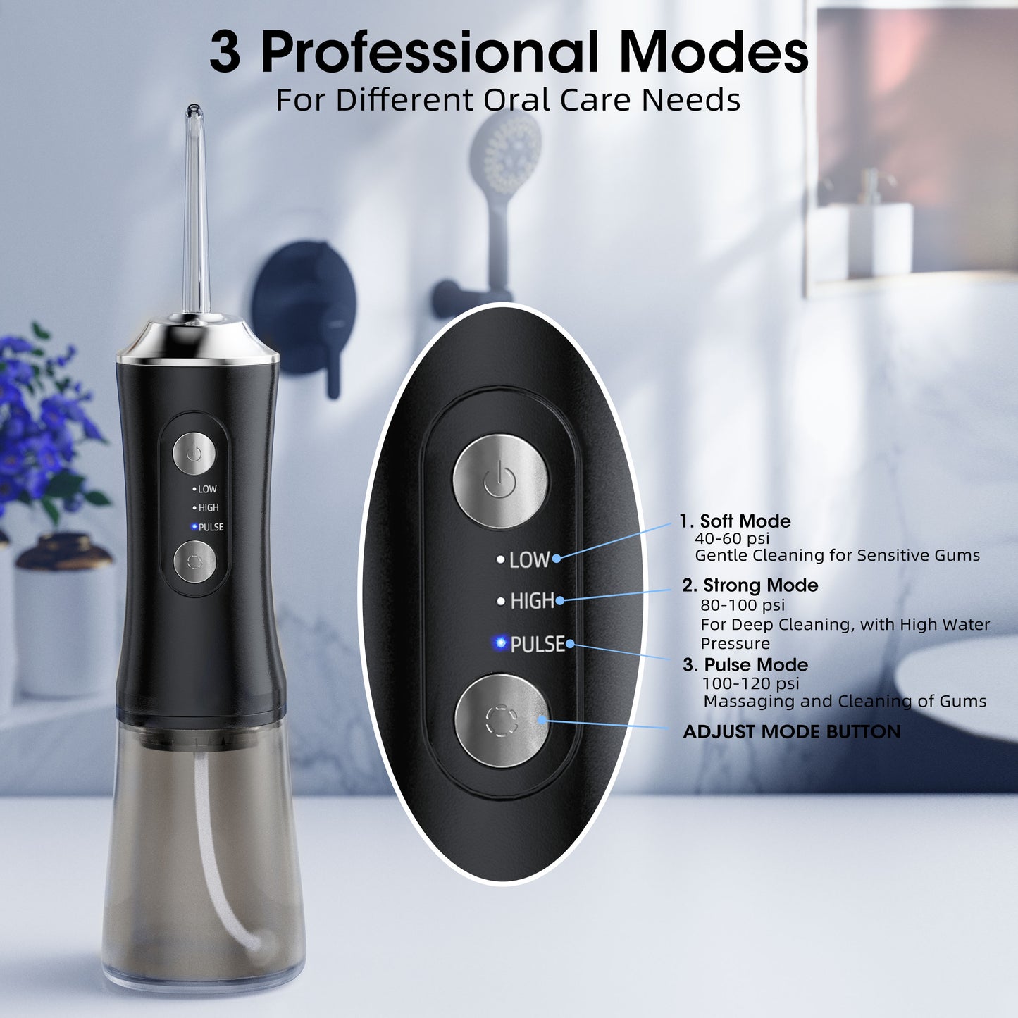 YOOVEE Portable Dental Water Flosser, 300 ml, Wireless Oral Irrigator, Water Flosser 3 Modes and 4 Nozzles, IPX7 Waterproof Irrigator Water Flosser Cleaning Teeth Ideal for Travel&Home Black