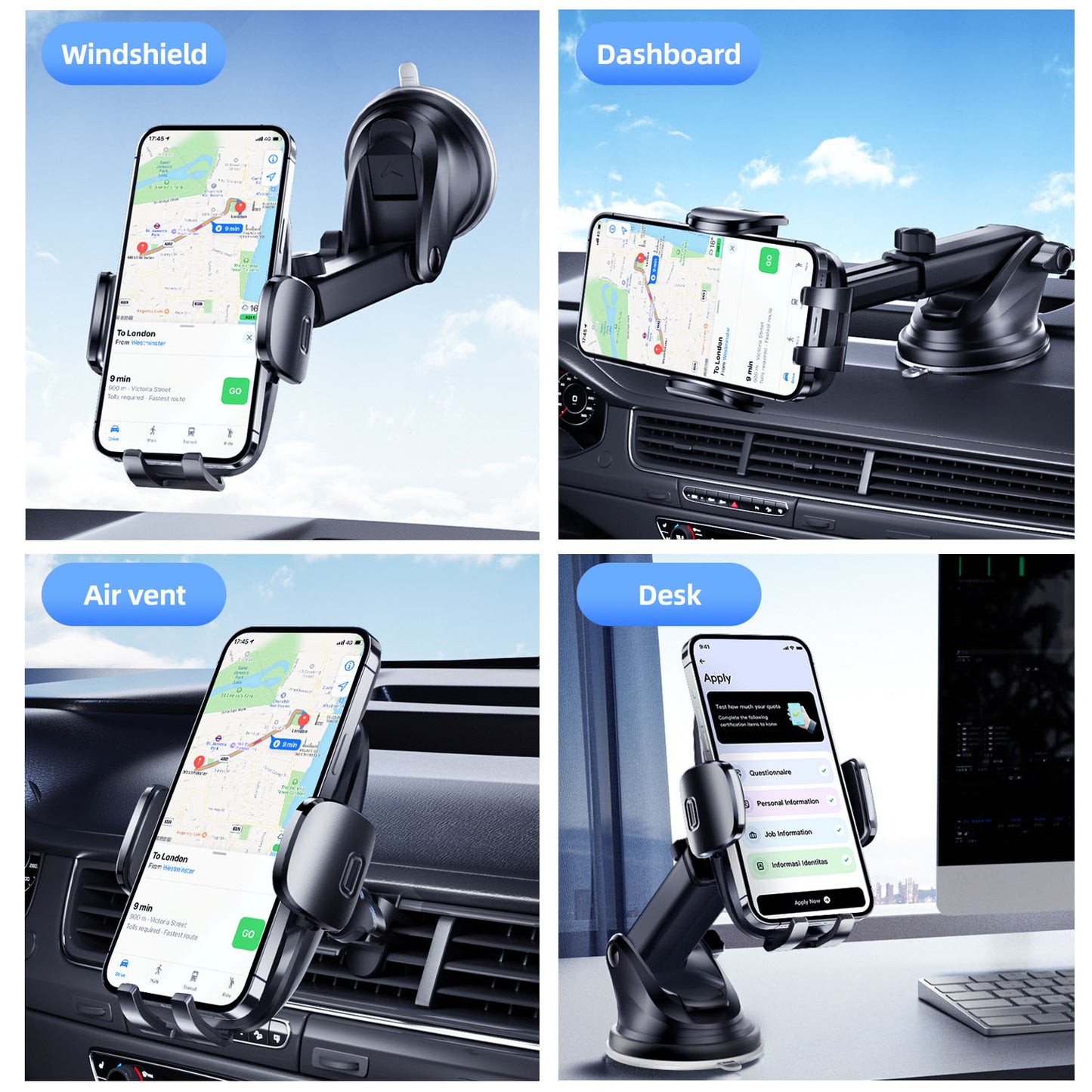 Car Phone Holder, Mobile Phone Mount with Air Vent Clip - Effortless One Button Release Car Phone Mount for Dashboard & Windscreen, 360° Rotatable Car Phone Holder for 4.0-7.0 inches Mobiles,Black