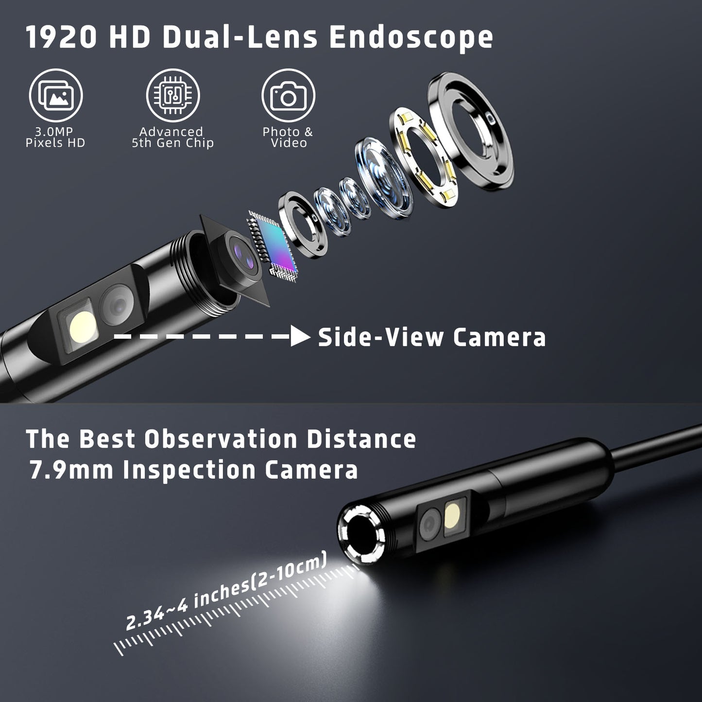 YOOVEE Endoscope Camera with Light, Dual Lens 1920P HD Endoscope Camera, IP68 Waterproof Endoscope with 8 LED Semi-Rigid Cable, No Need for Wi-Fi Compatible with iOS and Android