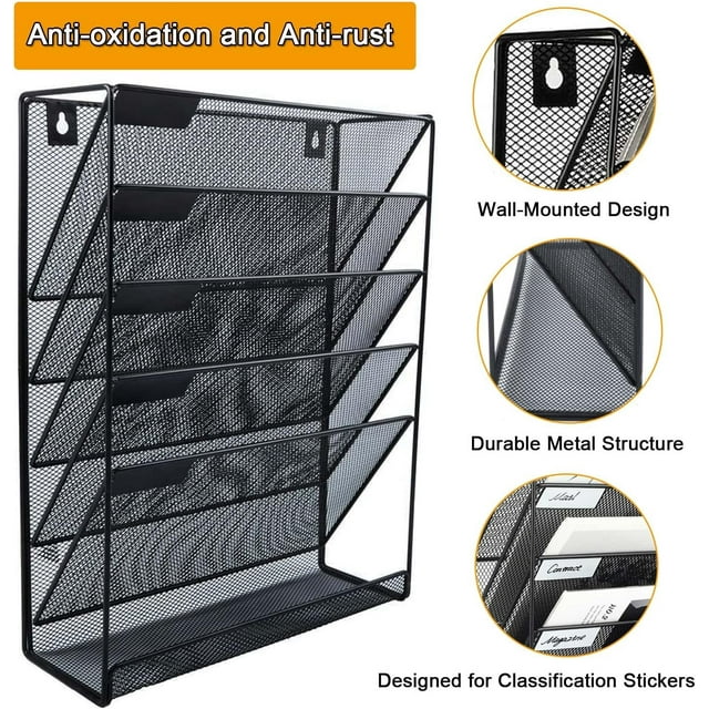 6 Tier Mesh Wall File Organizer,Vertical Mount Hanging Organizer with Flat Tray,Mail Organizer for Papers,Folders,Files Clipboard & Magazine Organization.Great for Office,Home(Black)