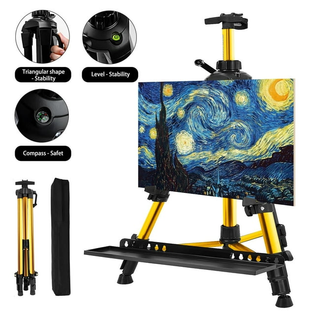 Artist Easel Stand, ADHINO Aluminum Metal Adjustable Easel for Painting Canvases Height from 63 to 30 Inch, Carry Bag for Table-Top/Floor Drawing and Displaying, Gold