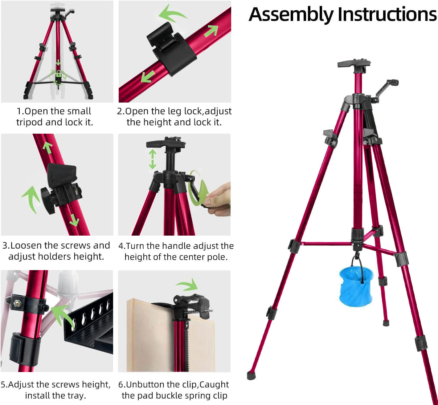 61"-20"Artist Easel Stand, Thick Aviation Aluminum Tripod Display Easel with Portable Bag for Floor/Table-Top Drawing and Displaying, Painting Easel for kids Adult, Spirit Level, Red