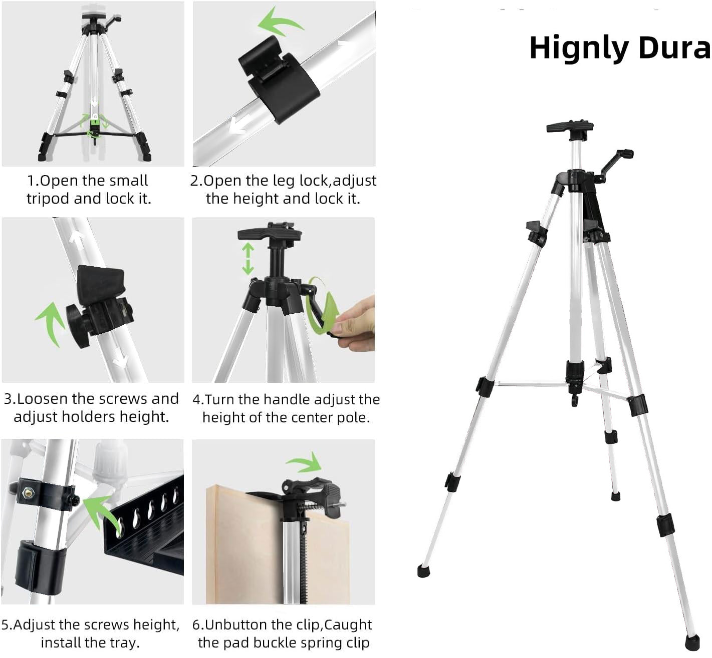 61"-20"Artist Easel Stand, Thick Aviation Aluminum Tripod Display Easel with Portable Bag for Floor/Table-Top Drawing and Displaying, Painting Easel for kids Adult, Spirit Level, Silver