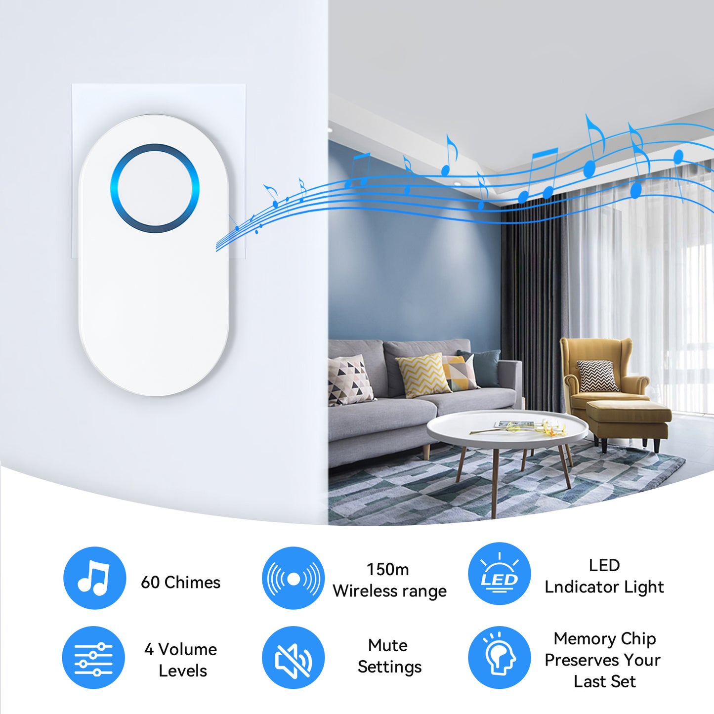 YOOVEE Wireless Doorbell, 2 Plug in Door Bells 1 Push , No Battery Required Push Button Plug Through Cordless Door Chime at 1300ft Range with 60 Chimes, 5-Level Volume & LED Light