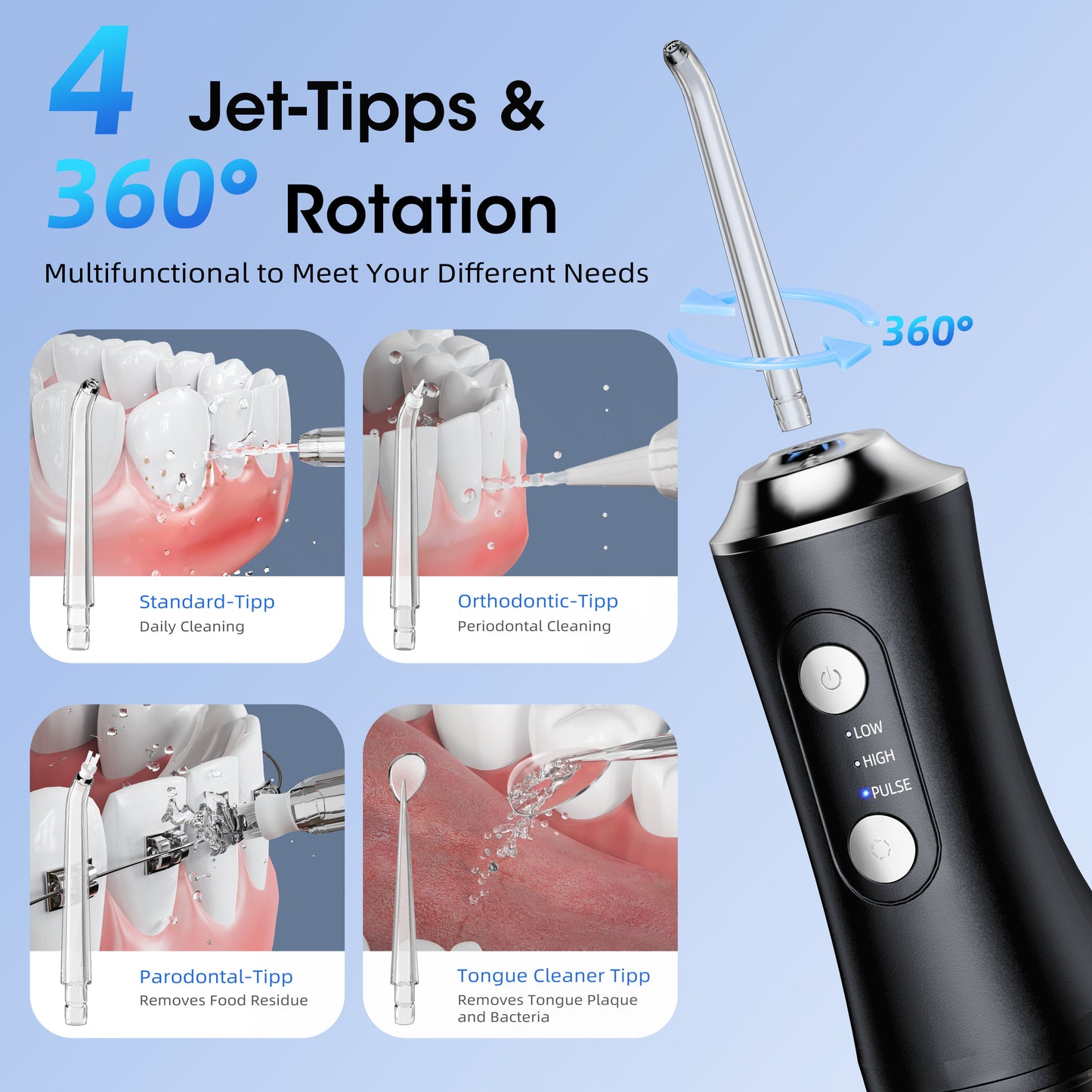 YOOVEE Portable Dental Water Flosser, 300 ml, Wireless Oral Irrigator, Water Flosser 3 Modes and 4 Nozzles, IPX7 Waterproof Irrigator Water Flosser Cleaning Teeth Ideal for Travel&Home Black