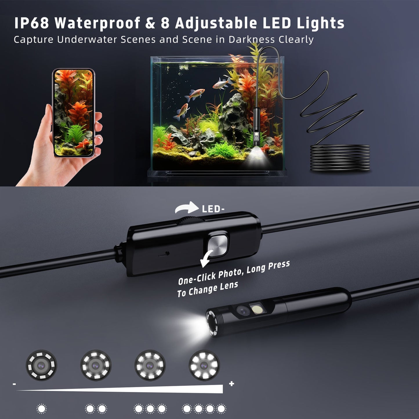 YOOVEE Endoscope Camera with Light, Dual Lens 1920P HD Endoscope Camera, IP68 Waterproof Endoscope with 8 LED Semi-Rigid Cable, No Need for Wi-Fi Compatible with iOS and Android