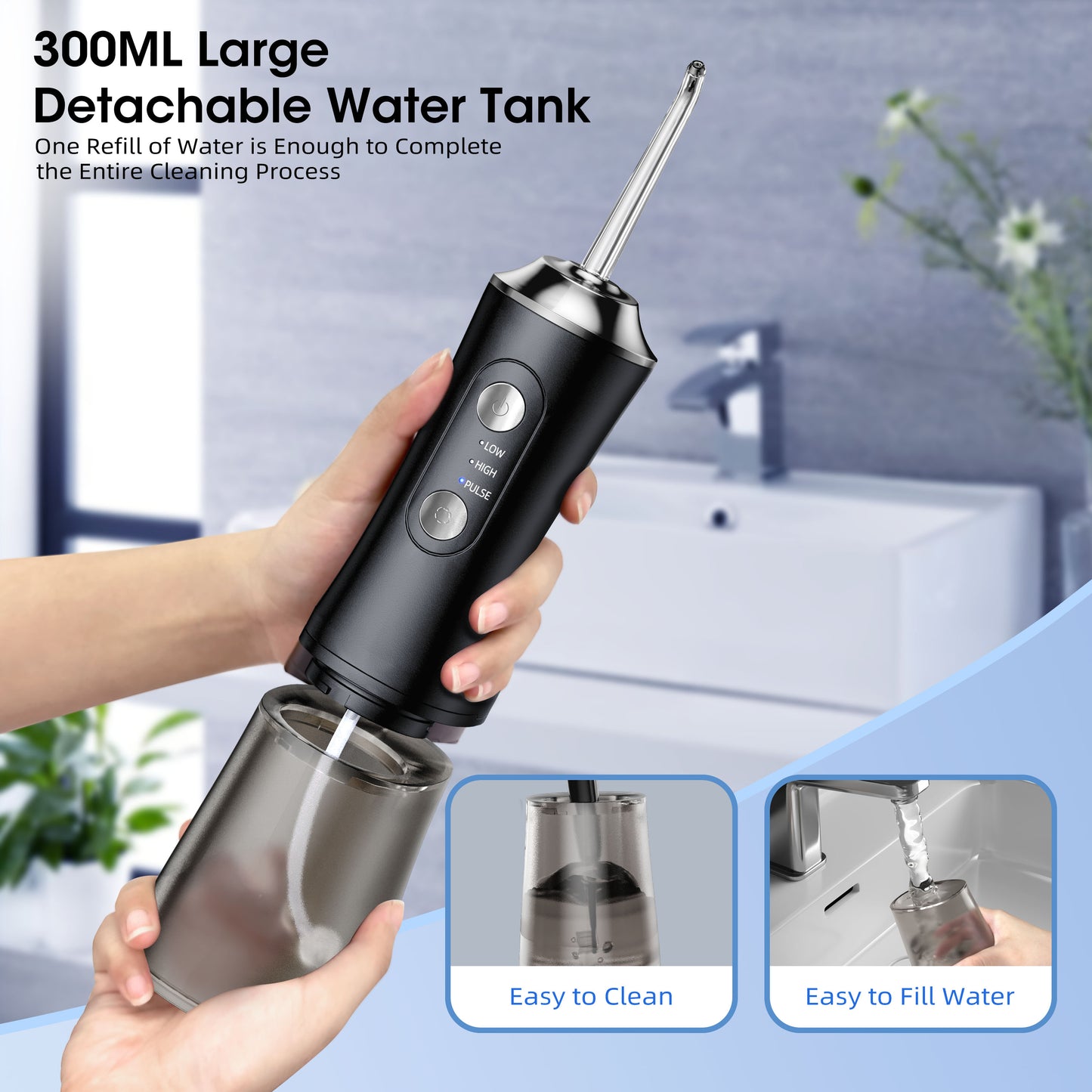 YOOVEE Portable Dental Water Flosser, 300 ml, Wireless Oral Irrigator, Water Flosser 3 Modes and 4 Nozzles, IPX7 Waterproof Irrigator Water Flosser Cleaning Teeth Ideal for Travel&Home Black