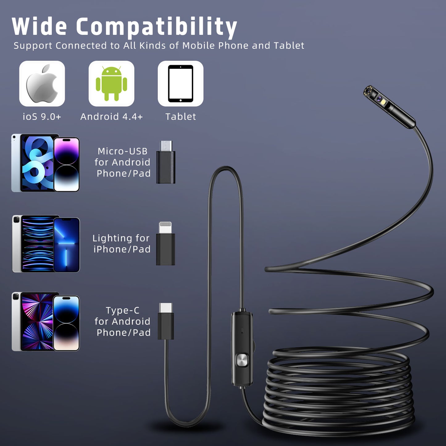 YOOVEE Endoscope Camera with Light, Dual Lens 1920P HD Endoscope Camera, IP68 Waterproof Endoscope with 8 LED Semi-Rigid Cable, No Need for Wi-Fi Compatible with iOS and Android