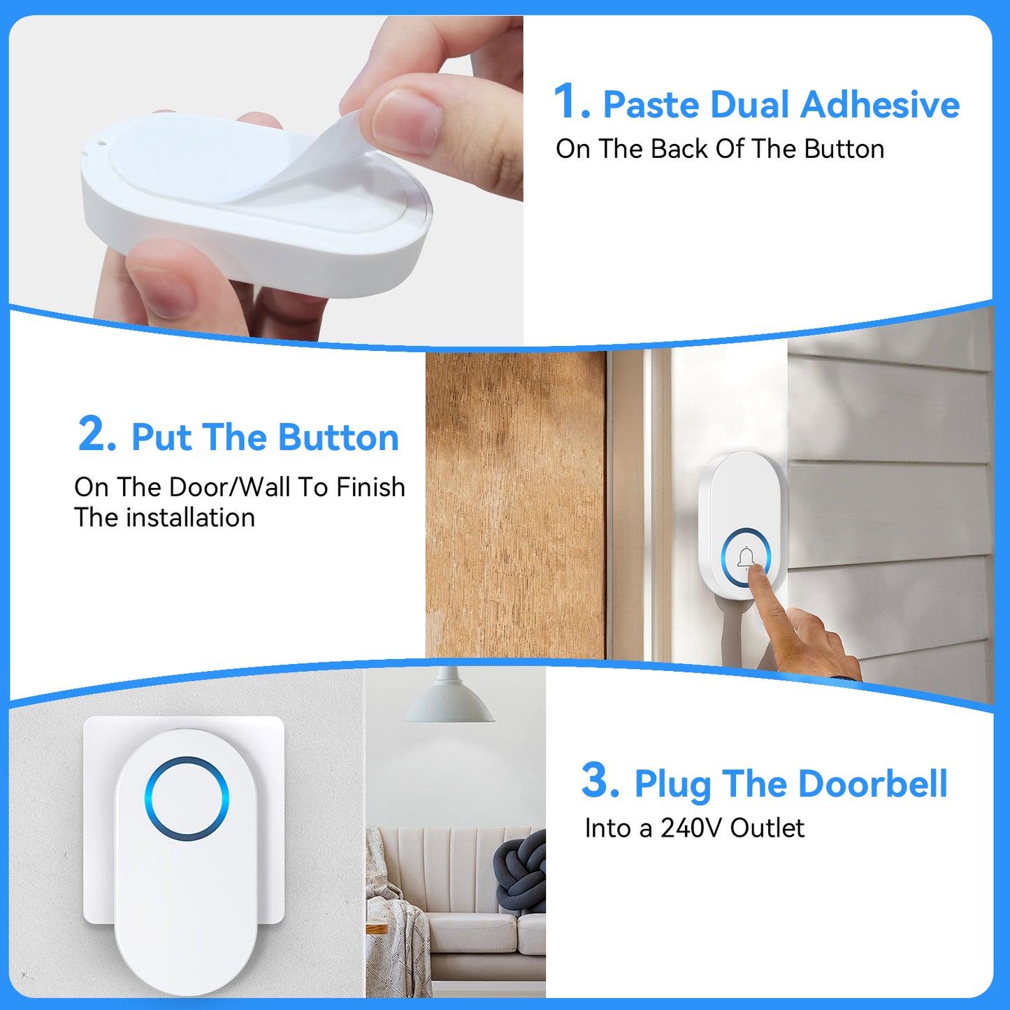 YOOVEE Wireless Doorbell, 2 Plug in Door Bells 1 Push , No Battery Required Push Button Plug Through Cordless Door Chime at 1300ft Range with 60 Chimes, 5-Level Volume & LED Light