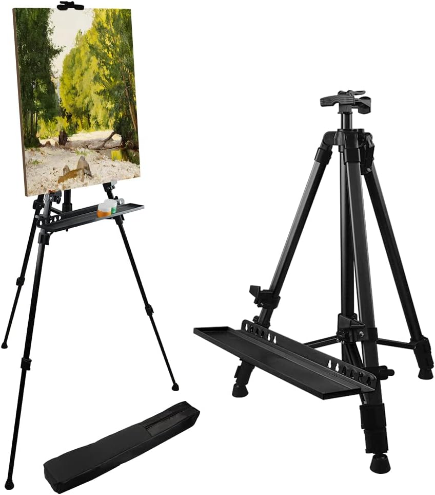 61"-20"Artist Easel Stand, Thick Aviation Aluminum Tripod Display Easel with Portable Bag for Floor/Table-Top Drawing and Displaying, Painting Easel for kids Adult, Spirit Level, Black