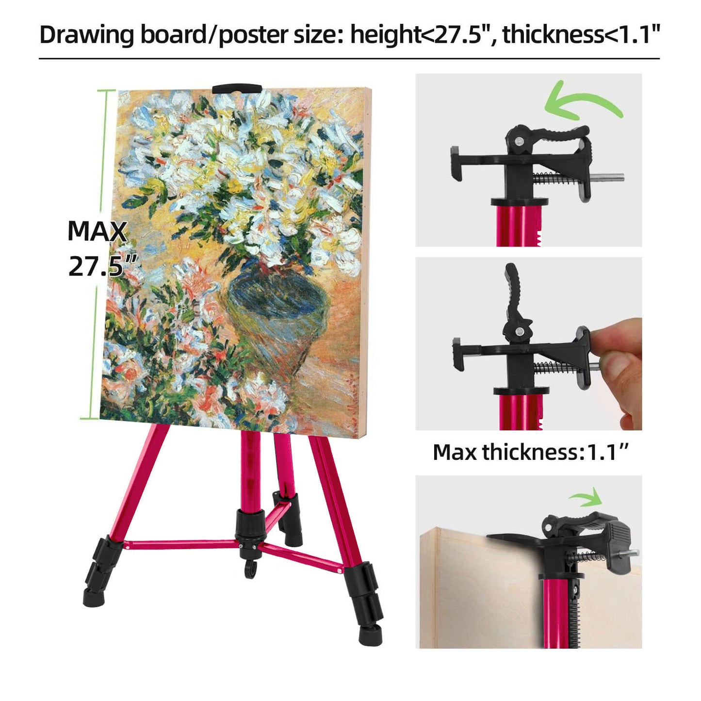 61"-20"Artist Easel Stand, Thick Aviation Aluminum Tripod Display Easel with Portable Bag for Floor/Table-Top Drawing and Displaying, Painting Easel for kids Adult, Spirit Level, Red