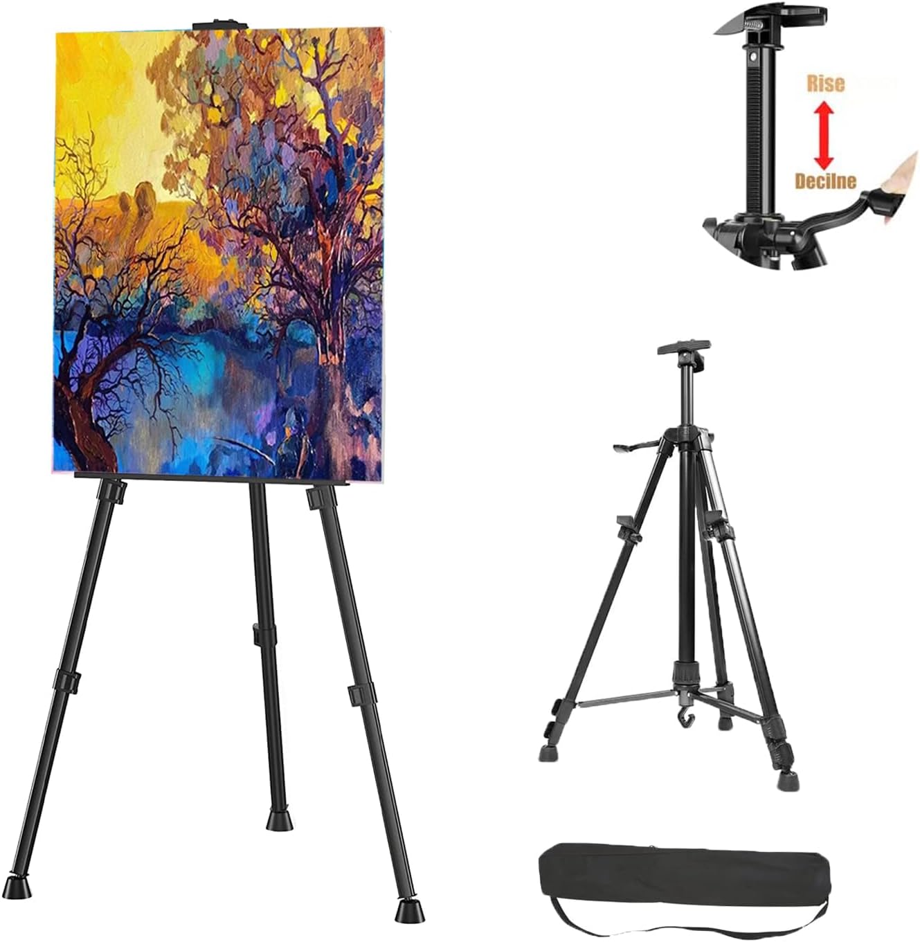 63"-30" Reinforced Artist Easel Stand, Extra Thick Aluminum Metal Tripod Display Easel Adjustable Height with Portable Bag for Floor/Table-Top Drawing and Displaying, Painting Easel for kids Adult