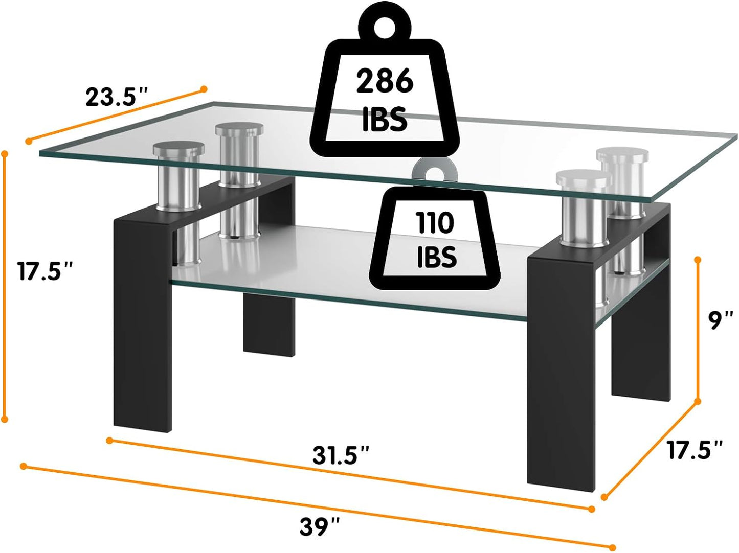 ADHINO Simple Clear Glass Coffee Table, Black Metal Legs, With Lower Shelf, For Home Living Room, Assembled Size 39.37x23.62x23.62 inches, Black