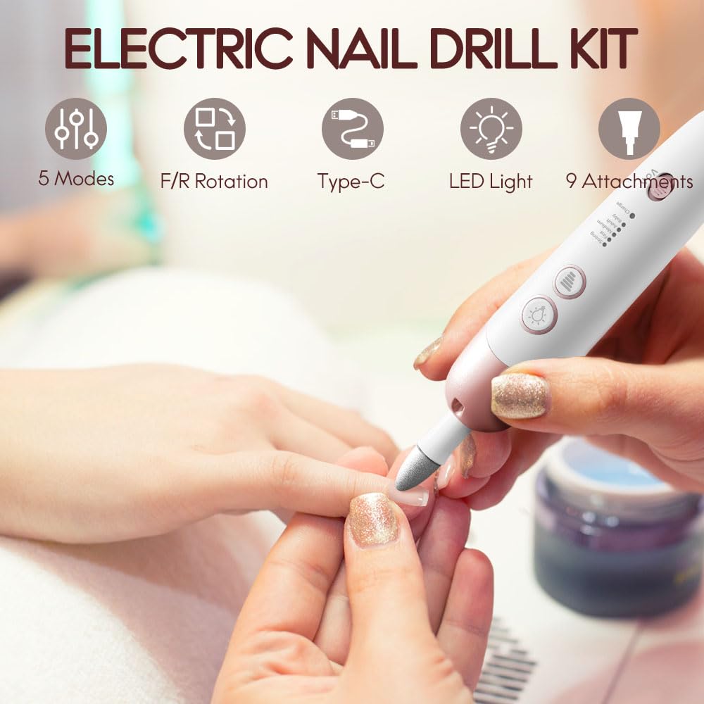 Cordless Electric Nail File Set, Portable Electric Nail Drill Machine,Professional Manicure Pedicure Kit, 5 Speeds Hand Foot Care Tool for Calluses, Thick Nails, Grind, Trim, Polish