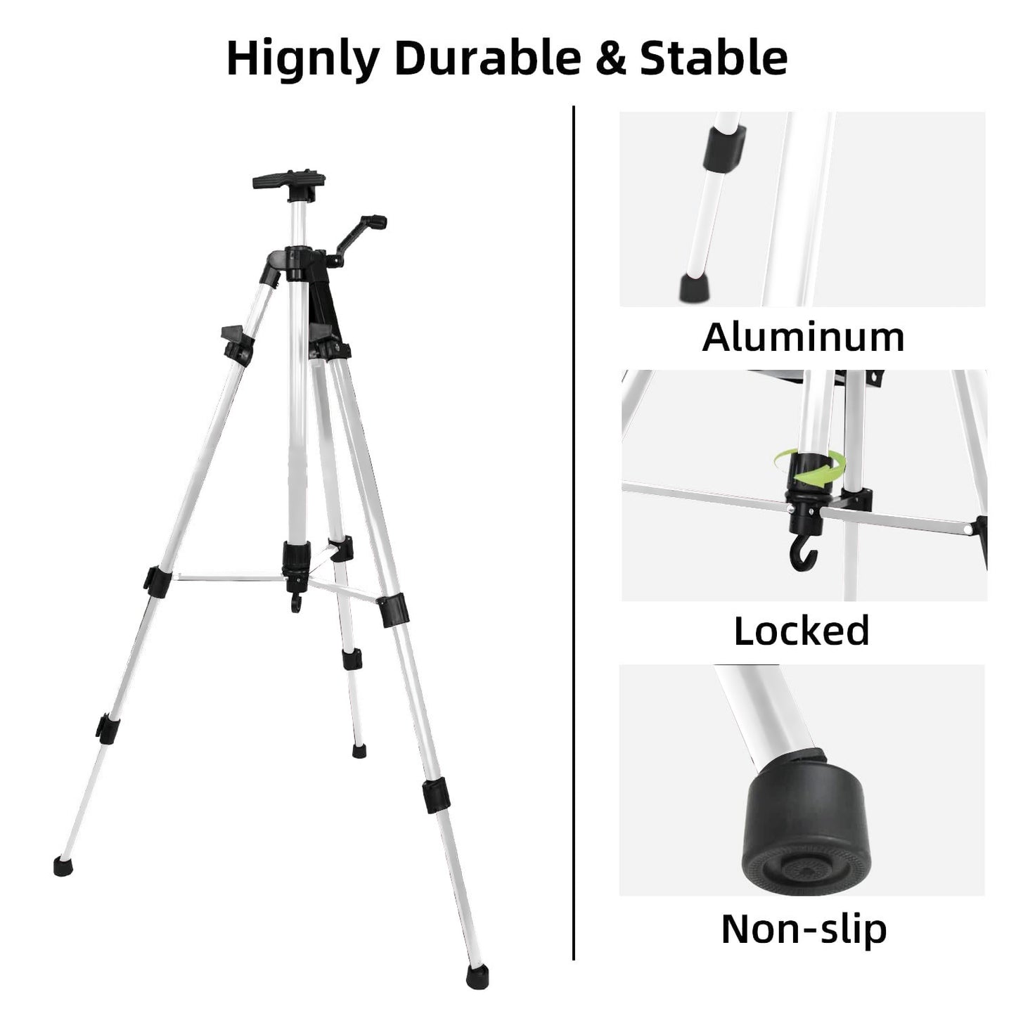 61"-20"Artist Easel Stand, Thick Aviation Aluminum Tripod Display Easel with Portable Bag for Floor/Table-Top Drawing and Displaying, Painting Easel for kids Adult, Spirit Level, Silver