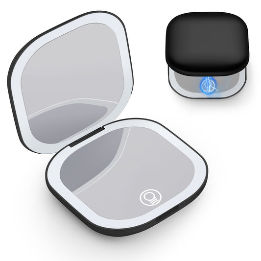 Compact LED Magnifying Travel Makeup-Mirror - 3.5 inches 1X/10X Magnification Small Hand Pocket Dimmable Double Sided USB Rechargeable Touch Screen, Portable Tabletop Cosmetic (Black)