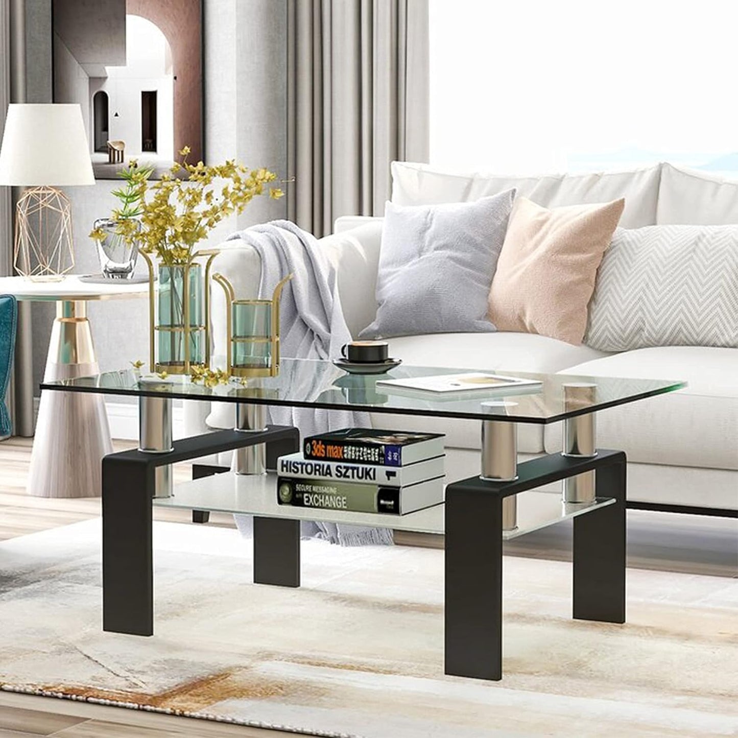 ADHINO Simple Clear Glass Coffee Table, Black Metal Legs, With Lower Shelf, For Home Living Room, Assembled Size 39.37x23.62x23.62 inches, Black