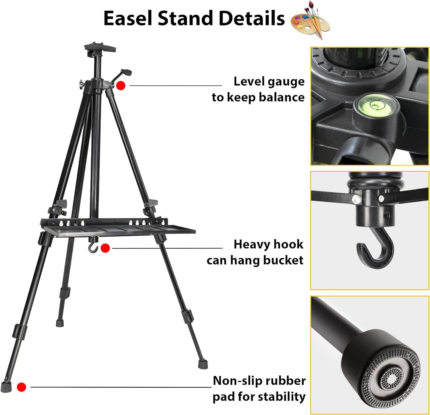 61"-20"Artist Easel Stand, Thick Aviation Aluminum Tripod Display Easel with Portable Bag for Floor/Table-Top Drawing and Displaying, Painting Easel for kids Adult, Spirit Level, Black