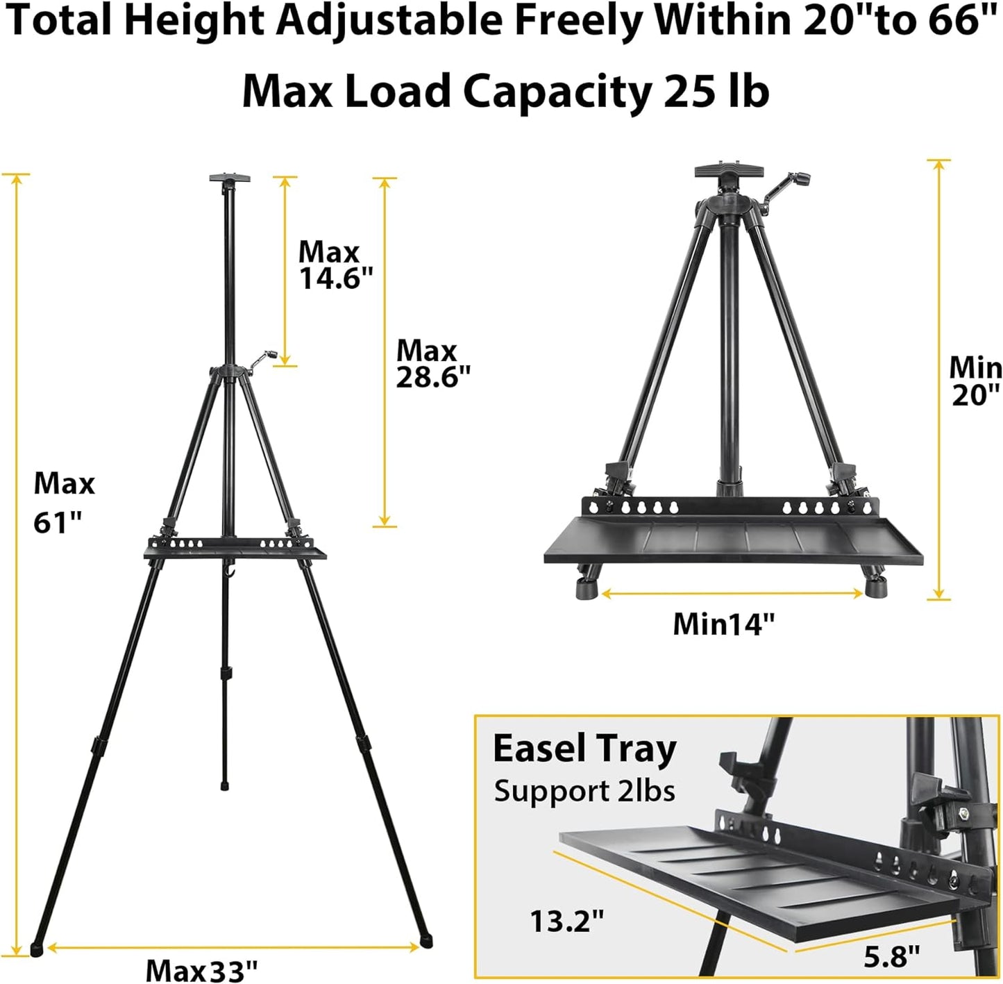 61"-20"Artist Easel Stand, Thick Aviation Aluminum Tripod Display Easel with Portable Bag for Floor/Table-Top Drawing and Displaying, Painting Easel for kids Adult, Spirit Level, Black