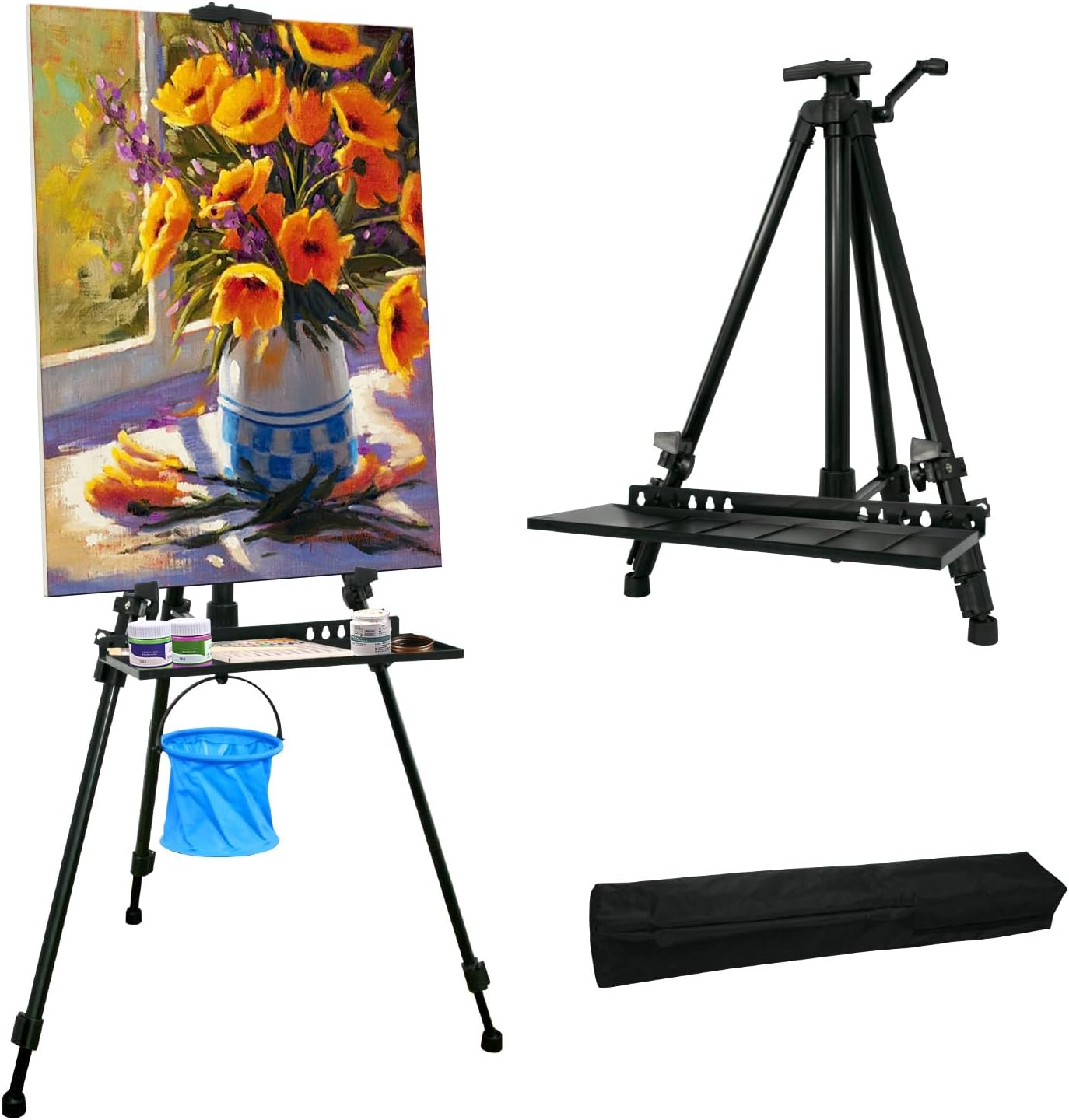 61"-20"Artist Easel Stand, Thick Aviation Aluminum Tripod Display Easel with Portable Bag for Floor/Table-Top Drawing and Displaying, Painting Easel for kids Adult, Spirit Level, Black