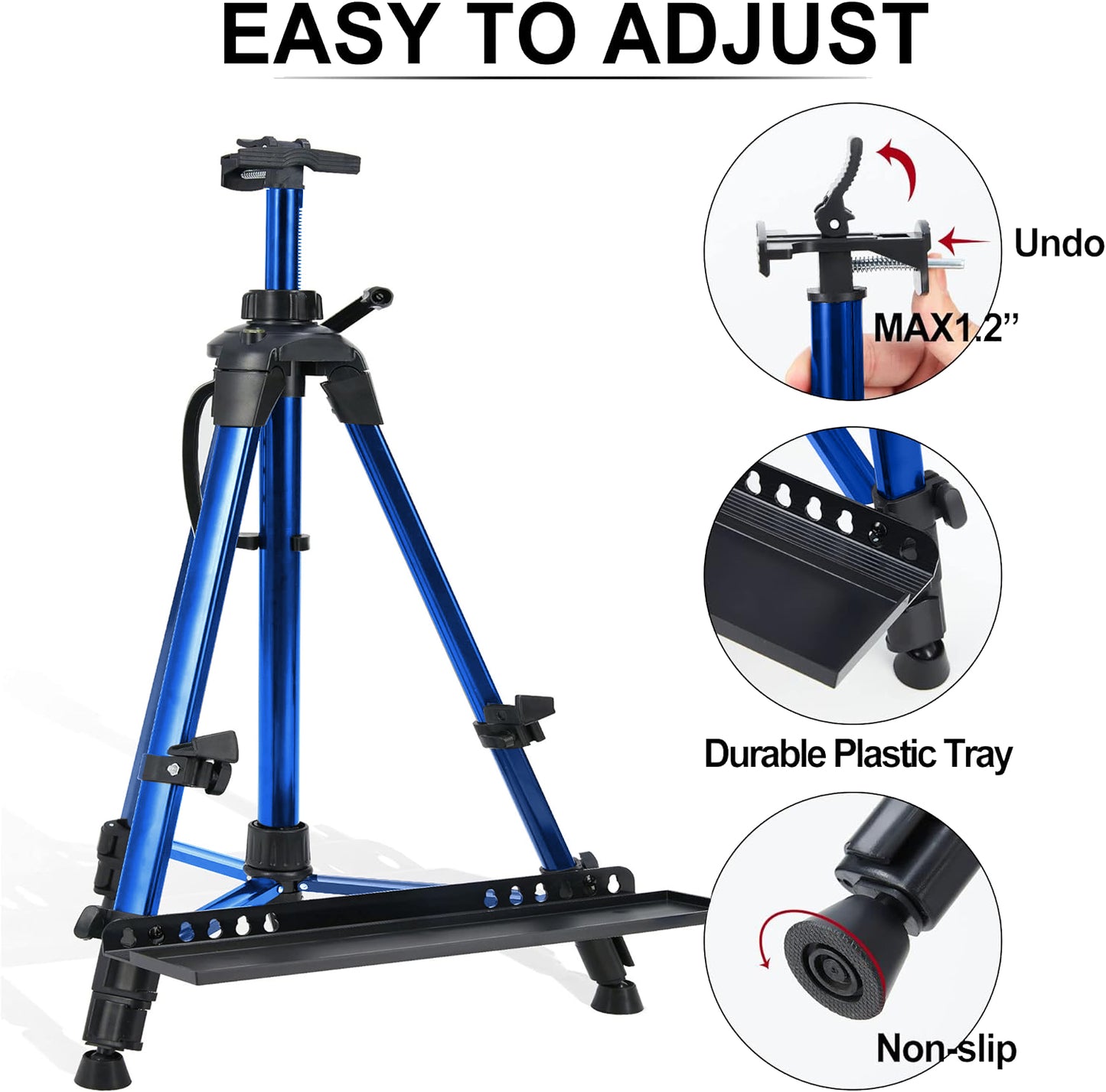 Artist Easel Stand, ADHINO Aluminum Metal Adjustable Easel for Painting Canvases Height from 63 to 30 Inch, Carry Bag for Table-Top/Floor Drawing and Displaying, Blue