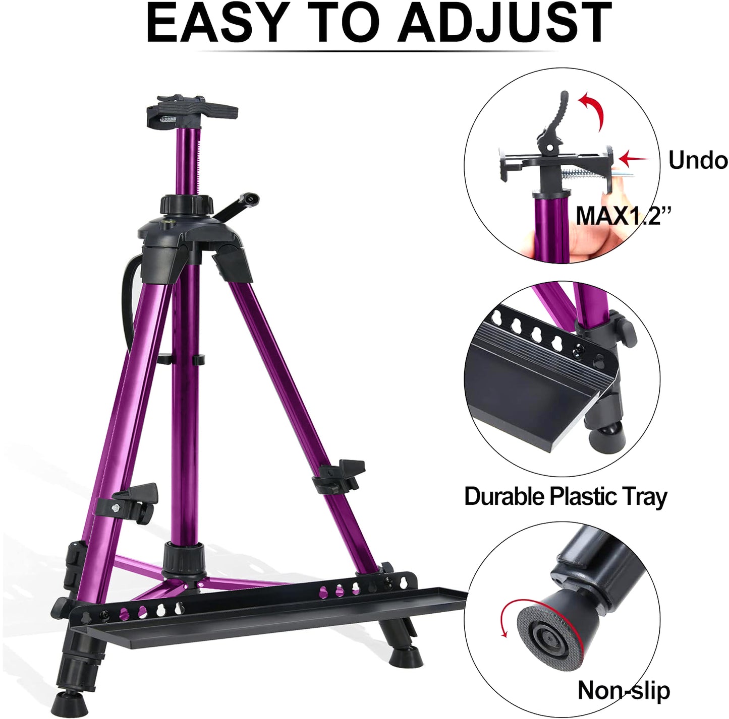 Artist Easel Stand, ADHINO Aluminum Metal Adjustable Easel for Painting Canvases Height from 63 to 30 Inch, Carry Bag for Table-Top/Floor Drawing and Displaying, Purple