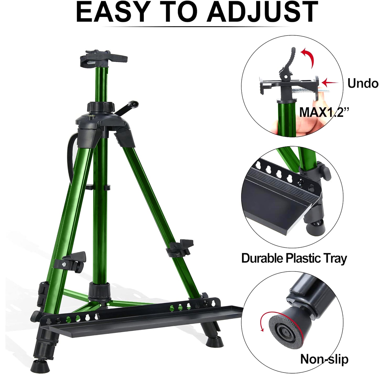 Artist Easel Stand, ADHINO Aluminum Metal Adjustable Easel for Painting Canvases Height from 63 to 30 Inch, Carry Bag for Table-Top/Floor Drawing and Displaying, Green