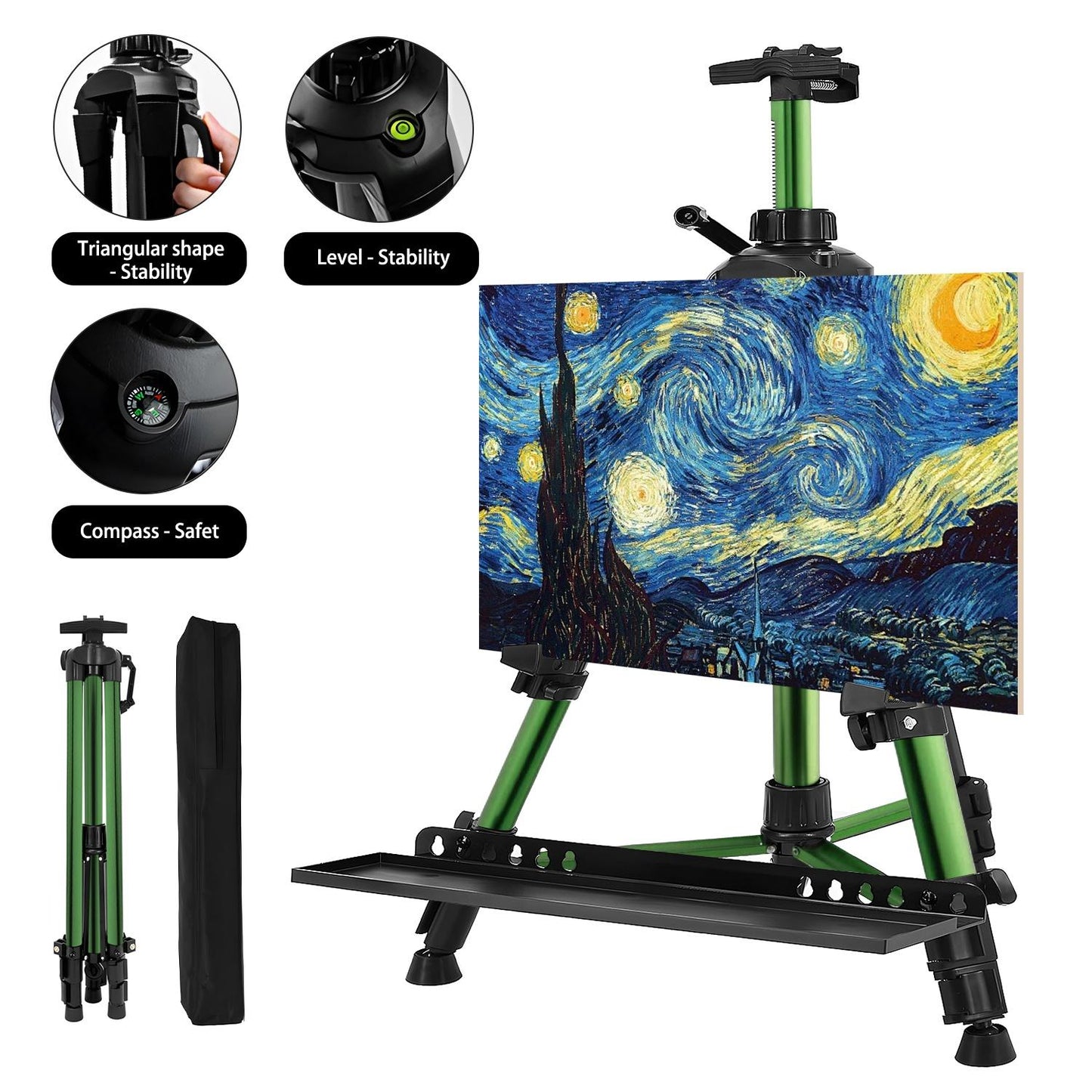 Artist Easel Stand, ADHINO Aluminum Metal Adjustable Easel for Painting Canvases Height from 63 to 30 Inch, Carry Bag for Table-Top/Floor Drawing and Displaying, Green