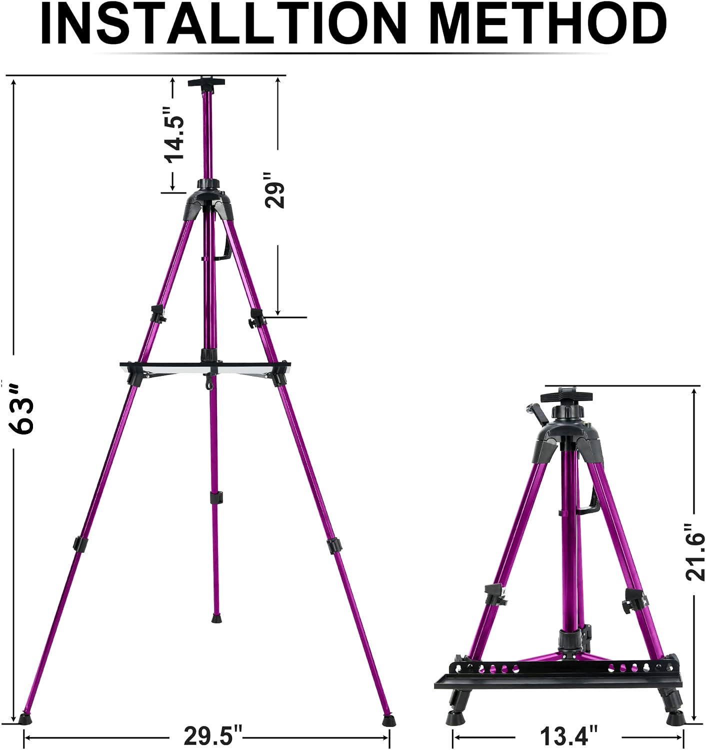 Artist Easel Stand, ADHINO Aluminum Metal Adjustable Easel for Painting Canvases Height from 63 to 30 Inch, Carry Bag for Table-Top/Floor Drawing and Displaying, Purple