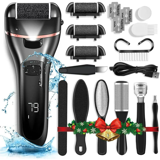 yoovee Electric Callus Remover for Feet, Professional Portable Foot File Pedicure Tools, Waterproof 18 in 1 Pedicure Kit for Cracked Heels Calluses and Dead Skin, with 3 Roller Heads 2 Speed